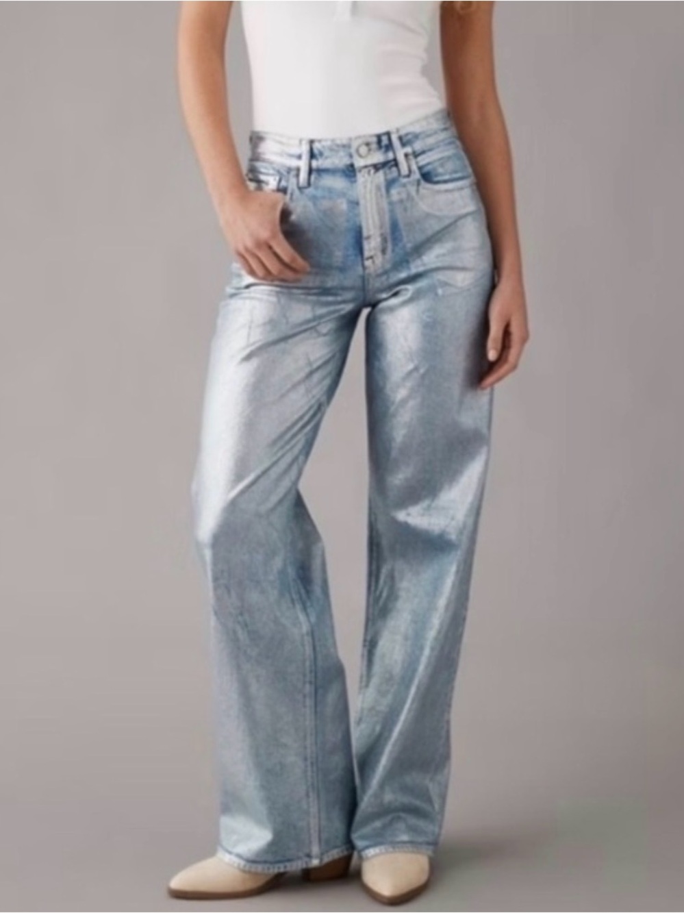 American Eagle Outfitters Metallic Silver Wide-Leg Jeans